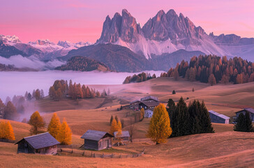 Dolomites in Italy, showing autumn colors at sunrise over a small village with wooden houses on green hills under a pink sky with trees - Powered by Adobe