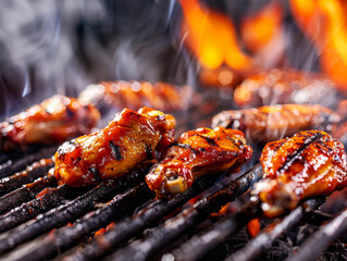 Barbecue chicken wings grilled to perfection with tangy sauce over fiery coals