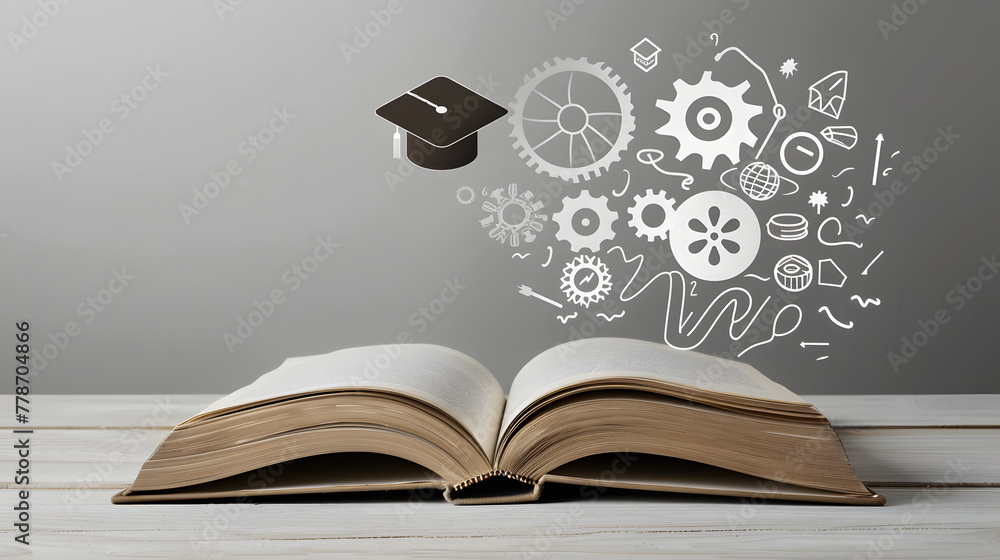 Poster an open book with symbols of education and knowledge floating above it
