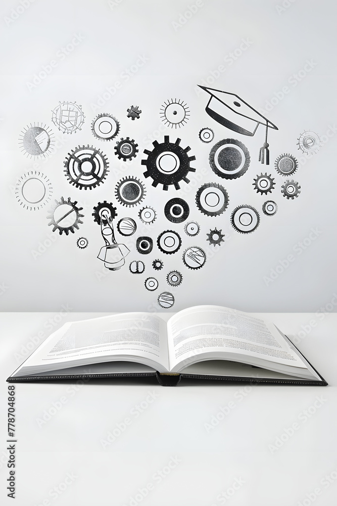 Poster an open book with symbols of education and knowledge floating above it