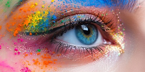 Macro shot of a woman's eye adorned with vibrant makeup inspired by the Holi festival.