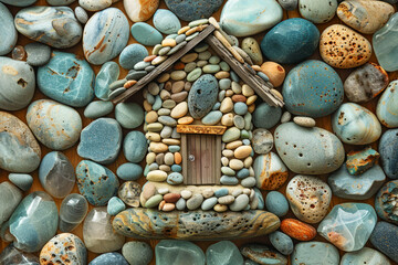Handcrafted miniature beach hut assembled from colorful pebbles and sea glass on a sandy background