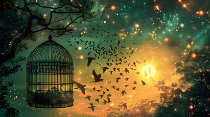 An open birdcage with exotic birds emerging from it - obrazy, fototapety, plakaty