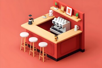 Vibrant Isometric D Stylized Coffee Shop Interior with Modern Furnishings and Decor on Bright Background