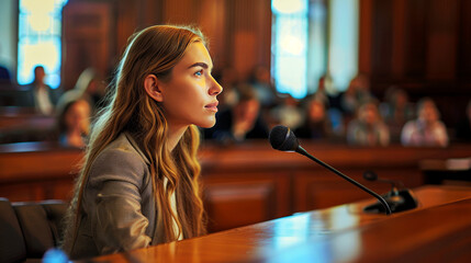 Focused young woman testifying in court, engaged in legal proceedings with a microphone in a courtroom
