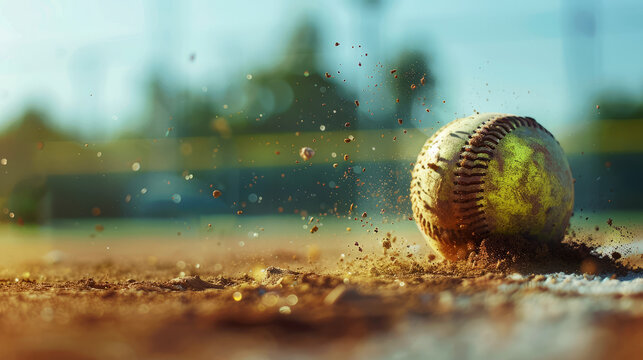 Close-up of a dirty softball on home plate, evoking the intensity of game-winning moments