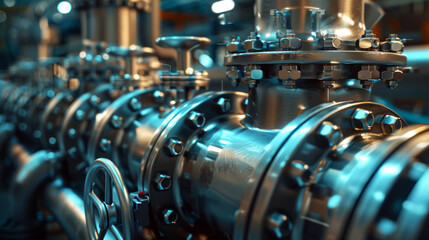 Fototapeta premium Complex array of industrial valves and pipelines in a manufacturing plant
