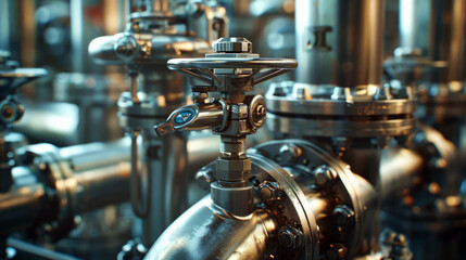 Complex array of industrial valves and pipelines in a manufacturing plant