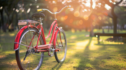 Fototapeta premium Red vintage bicycle parked in sunlit park with autumn leaves