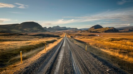 Fototapeta na wymiar Gravel road leading through dramatic Icelandic landscape with rugged mountains