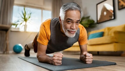 elderly man doing push-ups in his living room, focused on his fitness goals