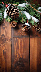 Pine Cone and Fir on Christmas Background with Old Board Table