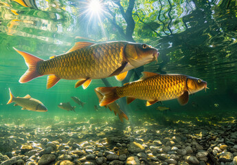 underwater photo of a group of carp swimming in the river, fish underwater in clear water, pebbles on the bottom, sunlight shining through the surface