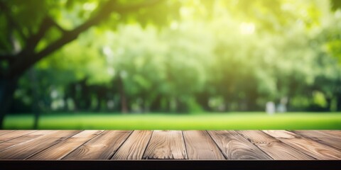 Nature background and table wood for product display template, Empty wooden table and sack tablecloth over blur green tree at park, garden outdoor with bokeh light background - obrazy, fototapety, plakaty