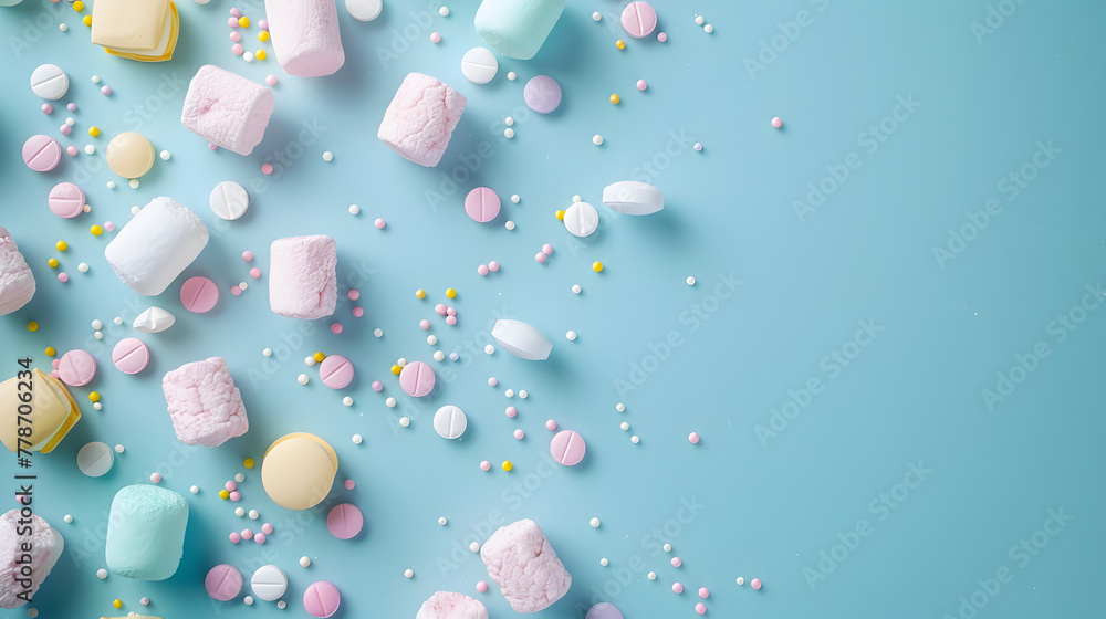 Poster colorful pills and marshmallows on a periwinkle background with copy space for text. shared focus