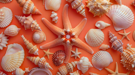 Colorful seashells shaped like a starfish on a coral background