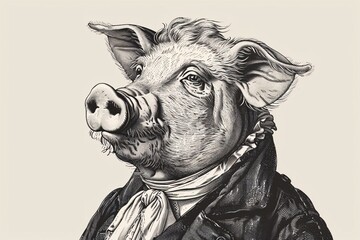 An illustrated pig wearing Victorian clothing, drawn by hand with an engraving pen and ink.