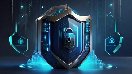 Create an image that showcases the importance of cyber security and digital protection in the modern business landscape. Use futuristic and sleek technological designs to convey a sense of advanced