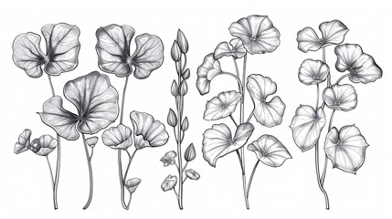 Hand-drawn monochrome set of Centella asiatica leaf and flower illustrations in graphic label design.