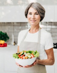  Aged woman smiling happily and holding a healthy vegetable salad bowl on blurred kitchen background, with copy space