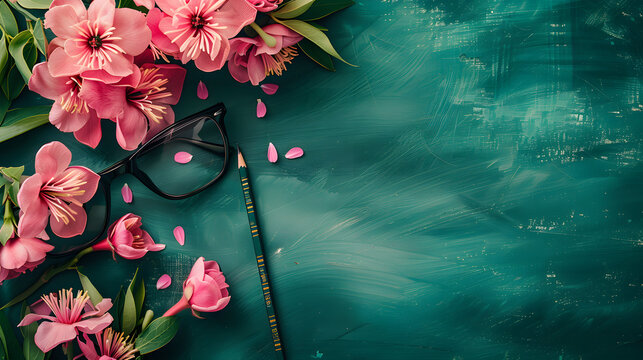 an enchanting background for Mother's Day with pink flowers, glasses and pencil on green chalkboard surface, creating space to add text or images