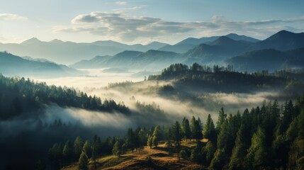 Mountain taiga, a wild place in Siberia. Coniferous forest, morning fog, panoramic view.