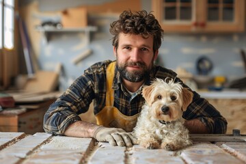 Man and his tiny golden pup renovating their residence. - obrazy, fototapety, plakaty