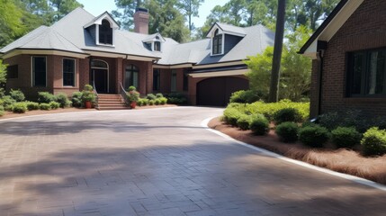 Fototapeta na wymiar House Preserving Driveway with Brick Sealant in Contemporary Home Construction