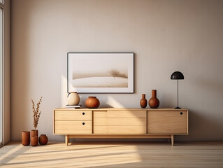living room interior with wooden sideboard. Generative AI.
