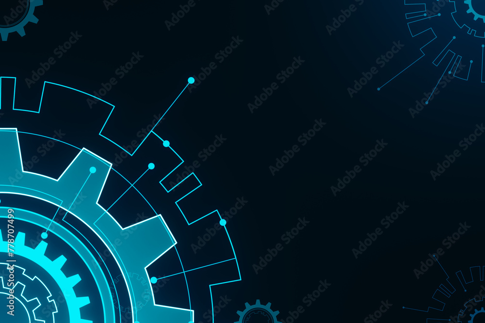 Poster creative digital cogs on dark wallpaper with mock up place. factory, production and machinery concep