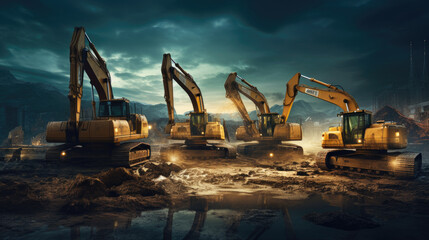 Excavator in construction site. Ai generated. - obrazy, fototapety, plakaty
