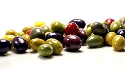Green olives with leaves on a white background, close-up - obrazy, fototapety, plakaty