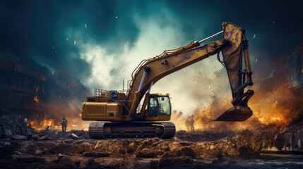Excavator in construction site. Ai generated. - obrazy, fototapety, plakaty