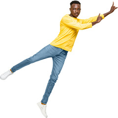 African man in casual wear levitating and pointing hands up PNG file no background 