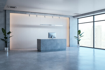 Contemporary concrete office reception desk and panoramic window with city view. Workplace concept. 3D Rendering. - obrazy, fototapety, plakaty