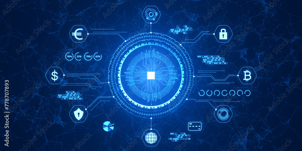 Poster creative digital polygonal business hologram with circuit, banking and safety icons on blue backgrou