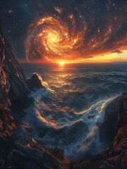 Sunset at a cliffside where the sea meets the sky in a whirlpool of stars blending reality with the cosmos - obrazy, fototapety, plakaty