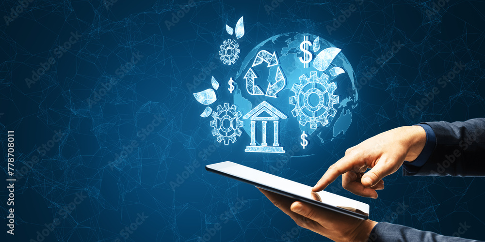 Poster close up of male hands using cellphone with creative esg hologram on polygonal blue background with 