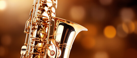 Close up a Golden saxophone against  bokeh background.