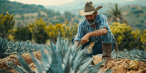 The agricultural worker is clearing the agave plantation using his implement. - obrazy, fototapety, plakaty