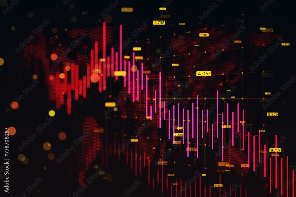 Poster Abstract downward red forex chart with map, grid and index on dark background. Financial crisis and recession concept. 3D Rendering.