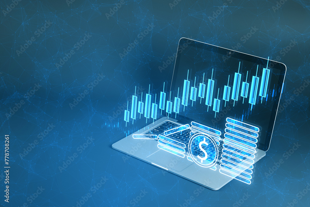 Poster close up of laptop computer with growing trading hologram with digital dollar coins on blurry blue b