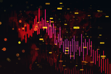 Obraz premium Abstract downward red forex chart with map, grid and index on dark background. Financial crisis and recession concept. 3D Rendering.