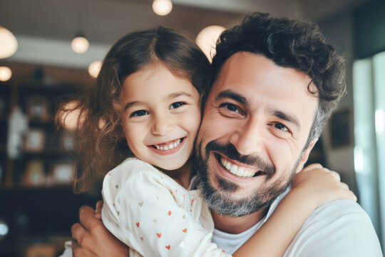 A Portrait of pretty girl daughter and young dady hug affectionate sit comfortable sofa in living room spend time weekend together, Father's day