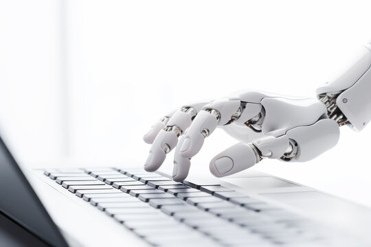 Close-up Of Robotic Hand Pressing Enter Key and type  On a Keyboard