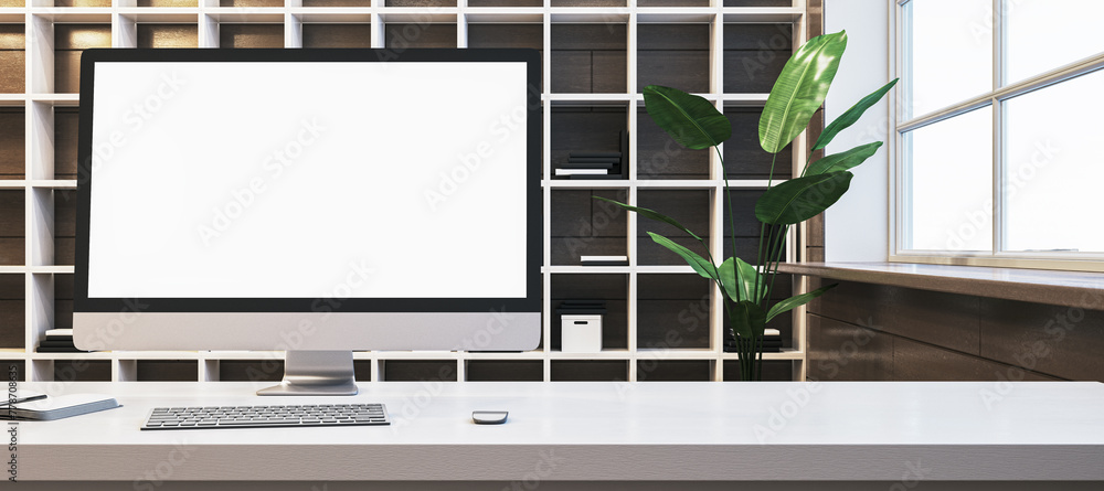 Poster close up of wide designer office workplace with empty white computer monitor, window with city view 