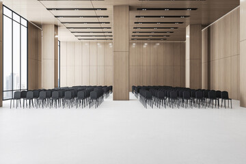 Modern conference hall with rows of seating and wood finishes. Event space design. 3D Rendering