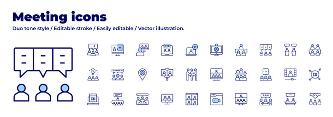 Meeting icons collection. Duo tone style. Editable stroke, discuss, meeting, online meeting, talk, video conference, videocall, calendar, idea, team meeting, user.