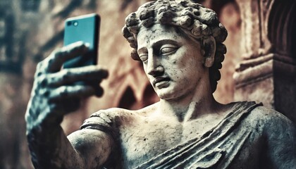  Antique stone statue taking selfie on phone