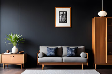 Japanese interior design of modern living room, home. Mid-century sofa near wooden cabinet against dark wall with poster, frame..